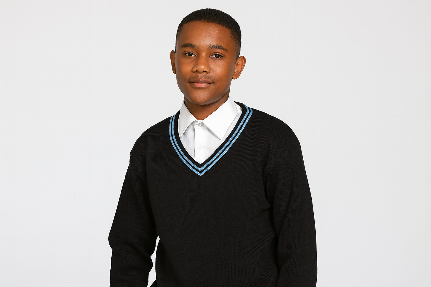South African teenager wearing black sweater with sky blue trim