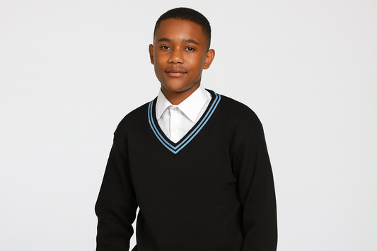 South African teenager wearing black sweater with sky blue trim