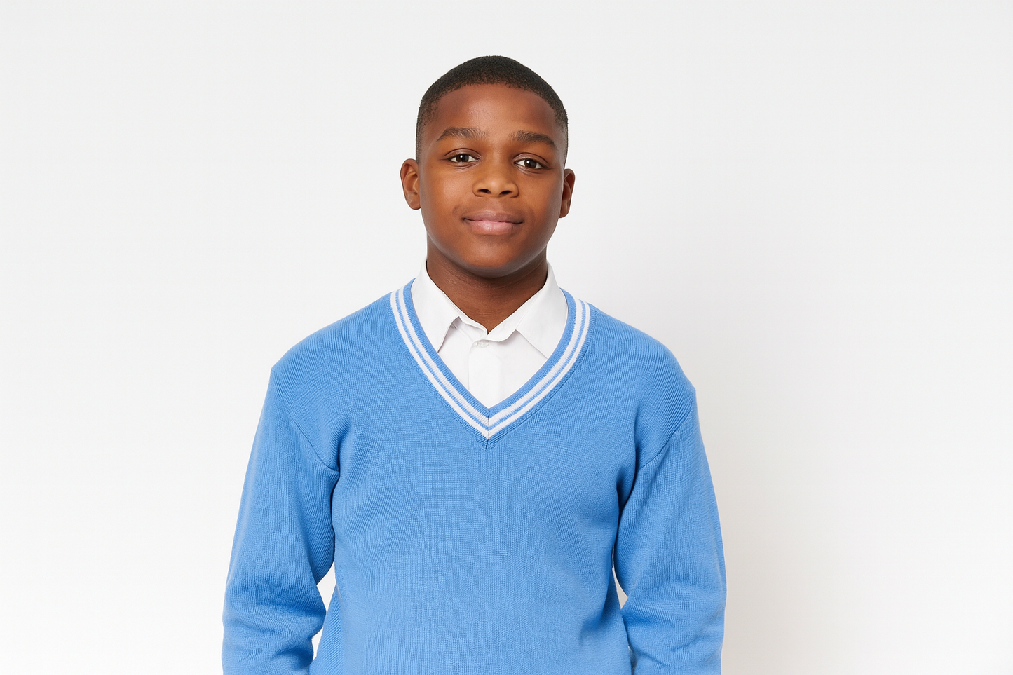 South African teenager wearing blue sweater with white trim