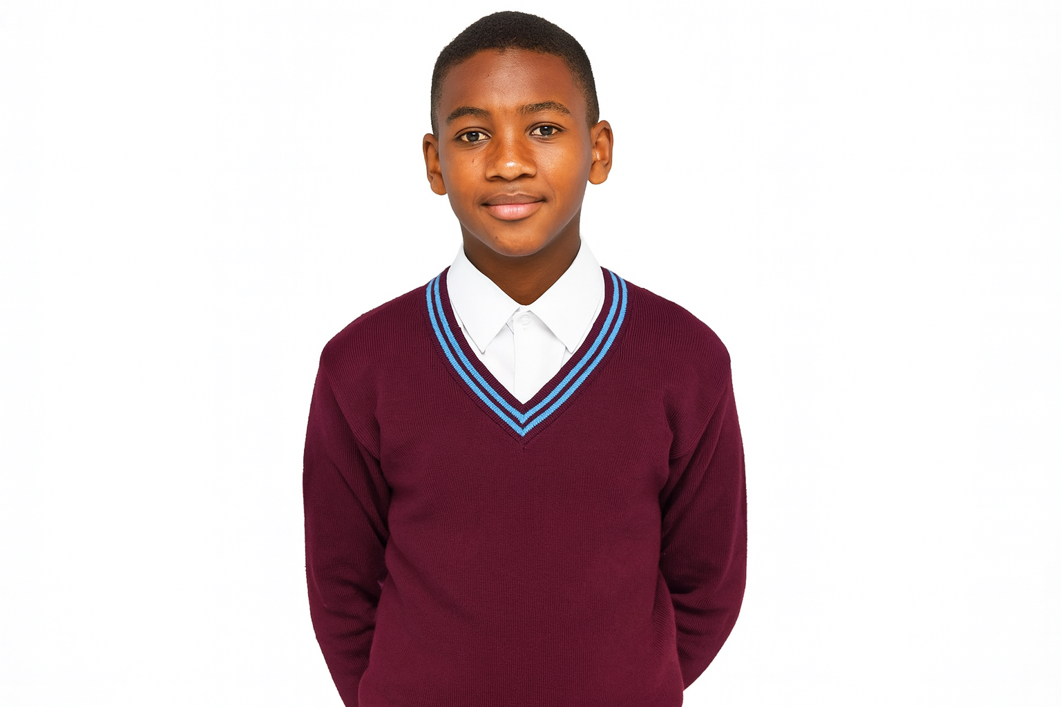 South African teenager wearing maroon sweater with sky blue trim