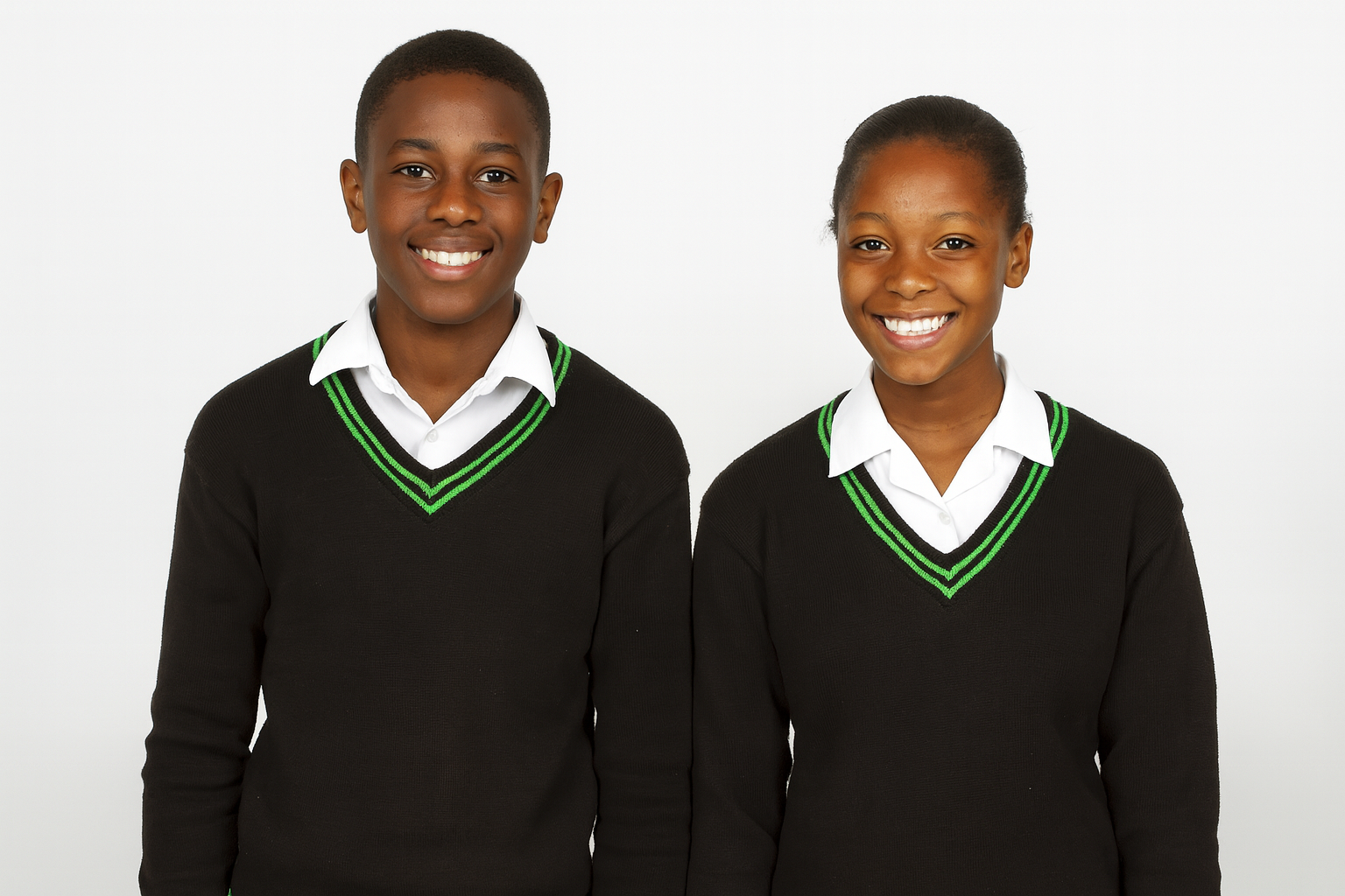 Two South African students wearing black school sweaters with consistent green trim