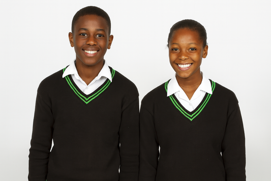 Two South African students wearing black school sweaters with consistent green trim