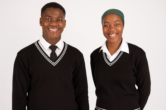 Two South African students wearing black school sweaters with double-line trim