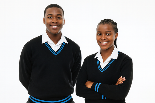 Two South African students wearing black school sweaters with sky blue trim