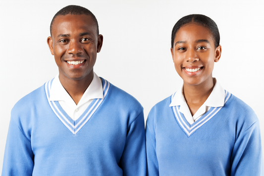 Two South African students wearing blue school sweaters with white trim