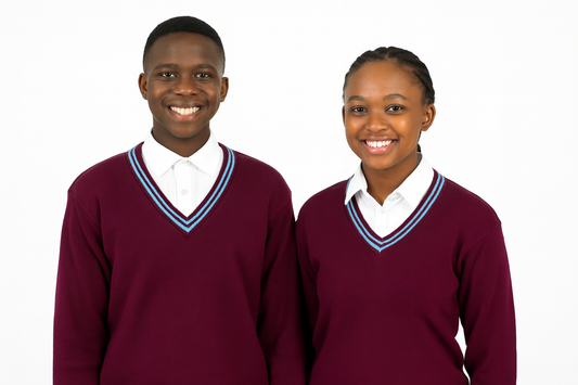 Two South African students wearing maroon school sweaters with sky blue trim
