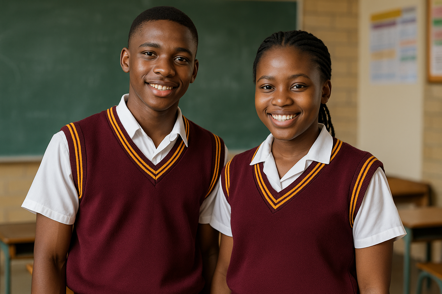 Two South African students wearing maroon sweaters with gold trims