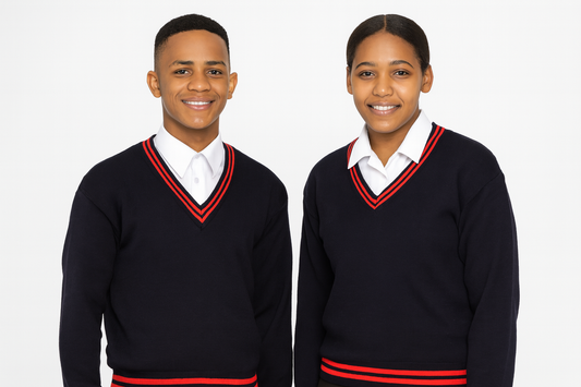 Two South African students wearing navy school sweaters with red trim