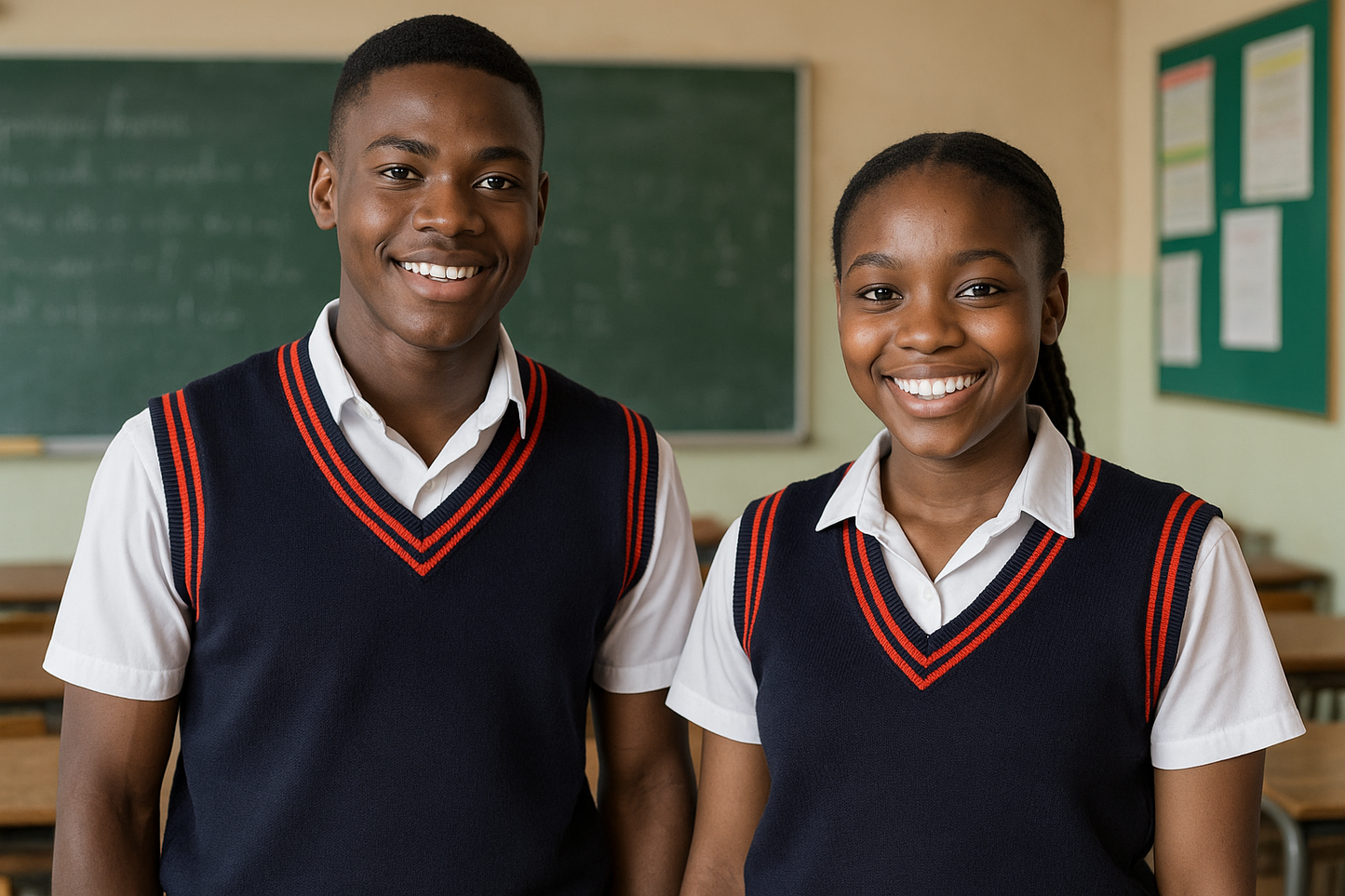 Two South African students wearing navy sweaters with red trims
