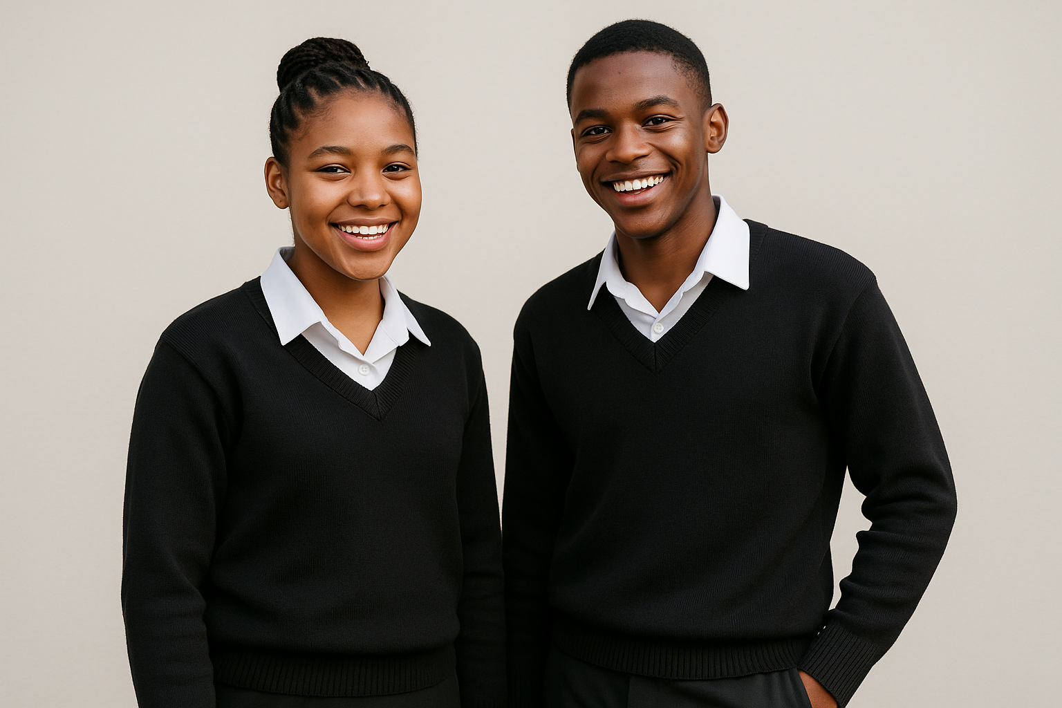 Two South African teenagers wearing black V-neck sweaters over white shirts