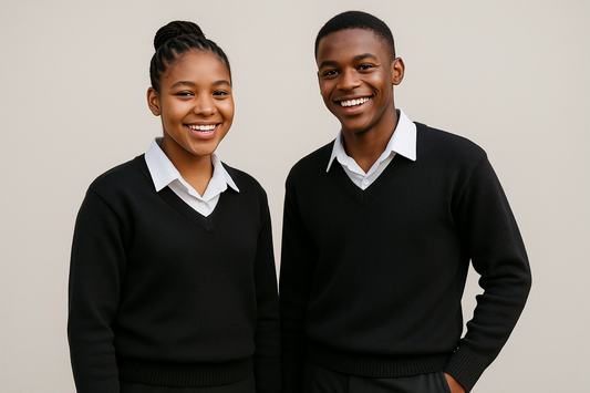 Two South African teenagers wearing black V-neck sweaters over white shirts