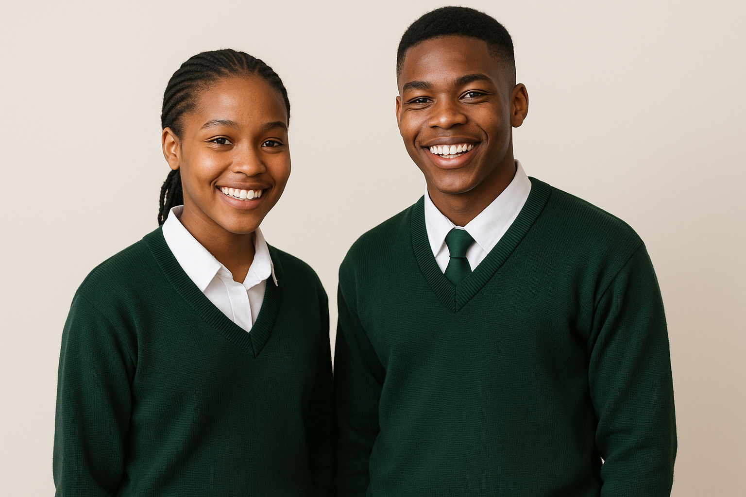 Two South African teenagers wearing dark green V-neck sweaters over white shirts