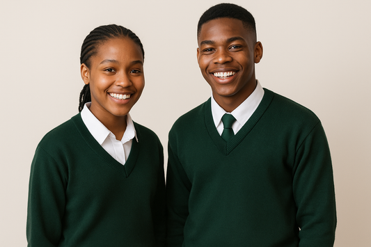 Two South African teenagers wearing dark green V-neck sweaters over white shirts