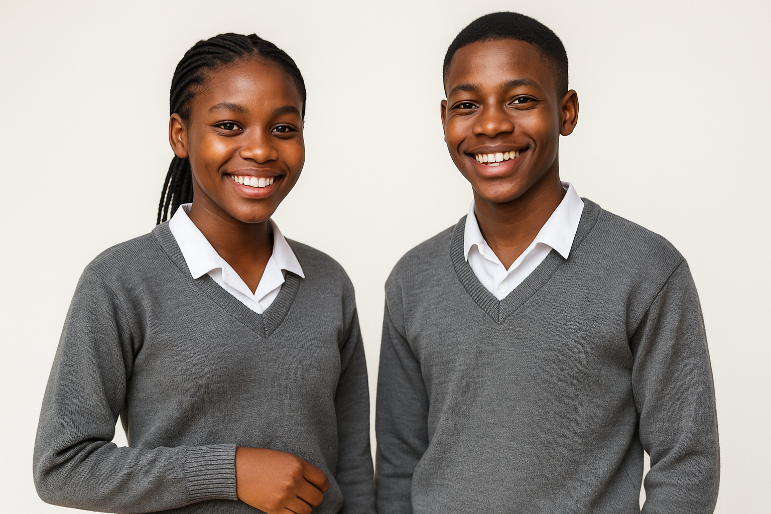 Two South African teenagers wearing grey V-neck sweaters