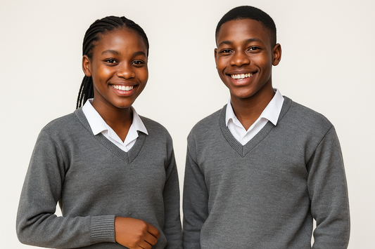 Two South African teenagers wearing grey V-neck sweaters