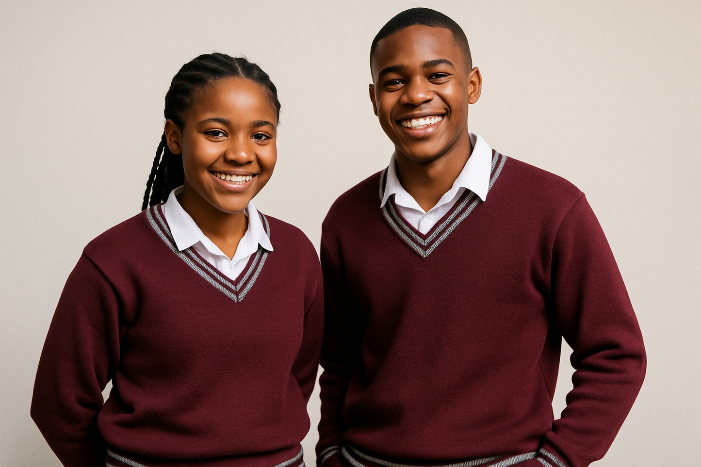 Two South African teenagers wearing maroon V-neck sweaters with grey trim on V-neck, cuffs and hem over white shirts