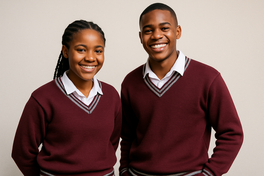 Two South African teenagers wearing maroon V-neck sweaters with grey trim on V-neck, cuffs and hem over white shirts