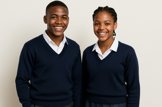 Two South African teenagers wearing navy blue V-neck sweaters