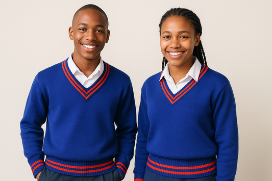 Two South African teenagers wearing royal blue V-neck sweaters with red trim on V-neck, cuffs and hem over white shirts