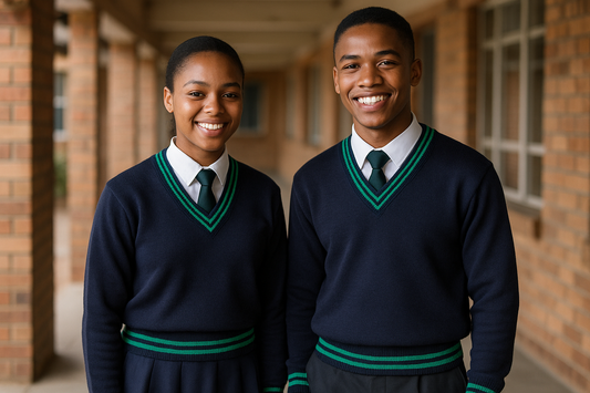 Two students wearing navy sweater with multiple trim lines
