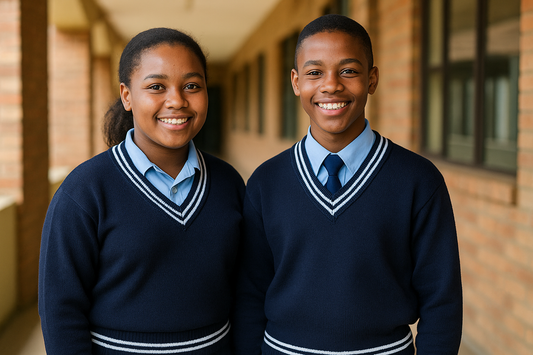 Two students wearing the navy sweater with white trim