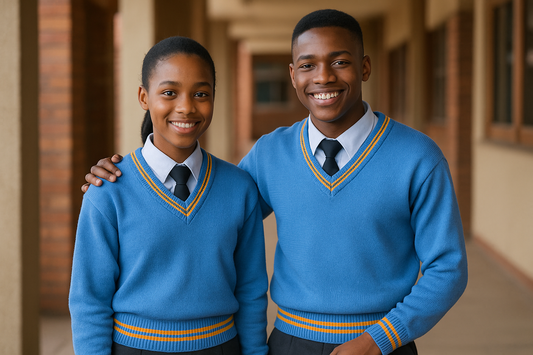 Two students wearing the sky blue sweater with gold trim