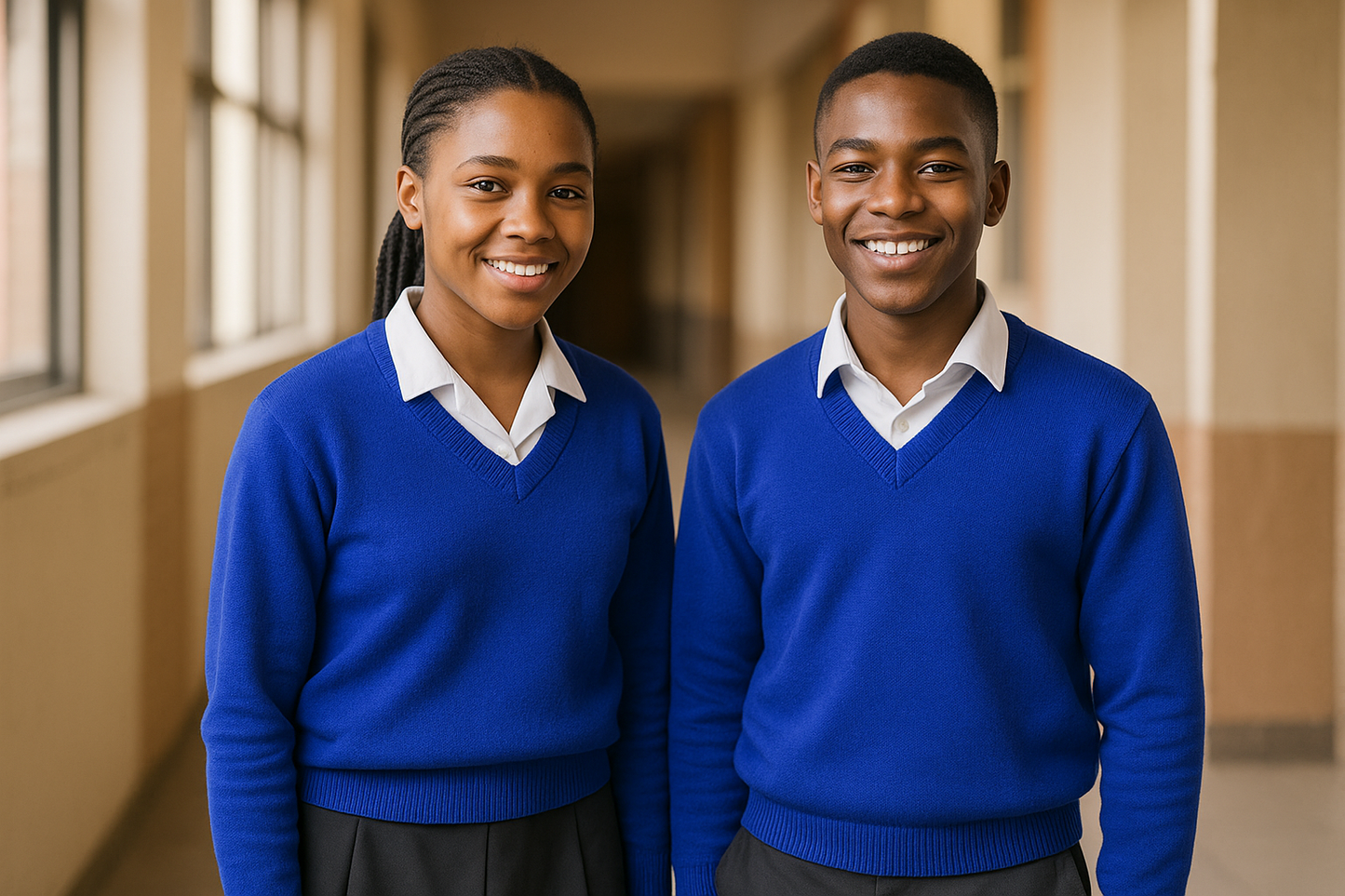 Two students wearing the solid royal blue sweater