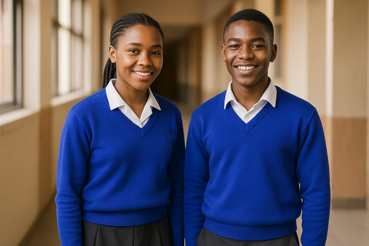 Two students wearing the solid royal blue sweater