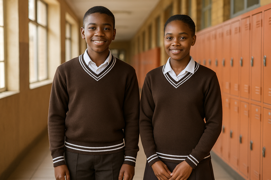 Two students with correct brown and white trim sweaters