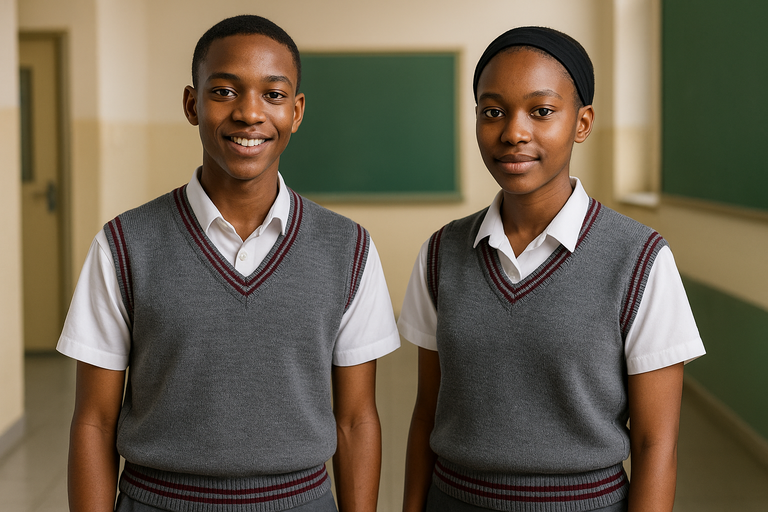 Two students with correct maroon trim