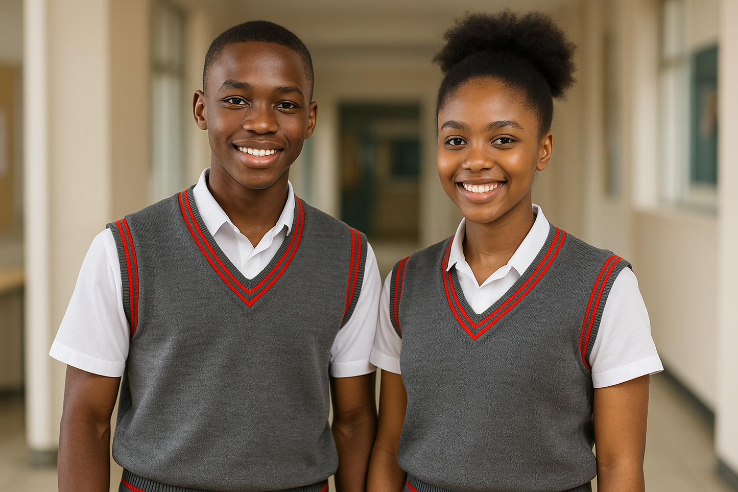 Two students with corrected red trim