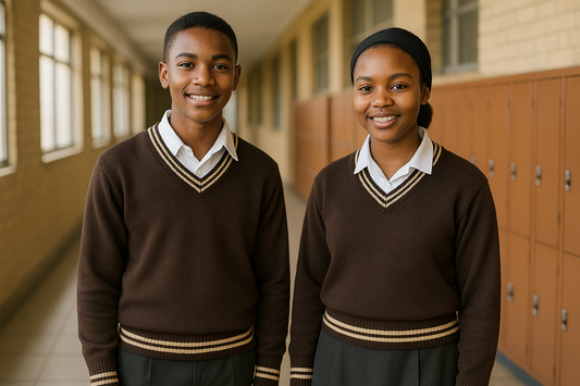 Two students with double-line trim sweaters