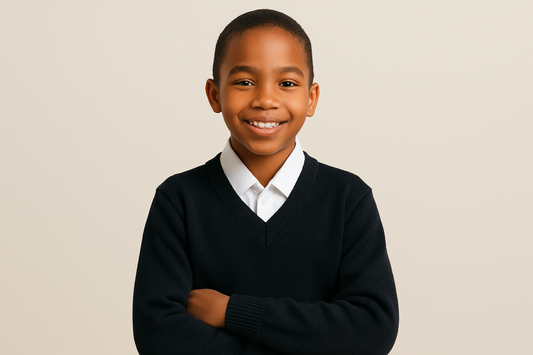 Young South African student in black V-neck sweater with white shirt, size 22-28