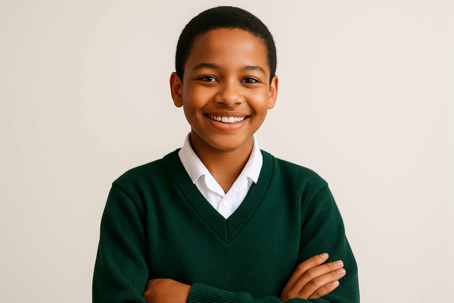 Young South African student in dark green V-neck sweater with white shirt, size 22-28