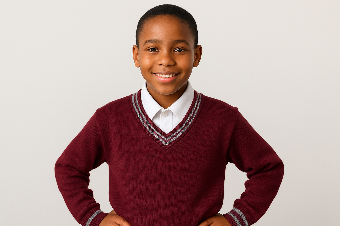 Young South African student in maroon V-neck sweater with grey trim details and white shirt, size 22-28