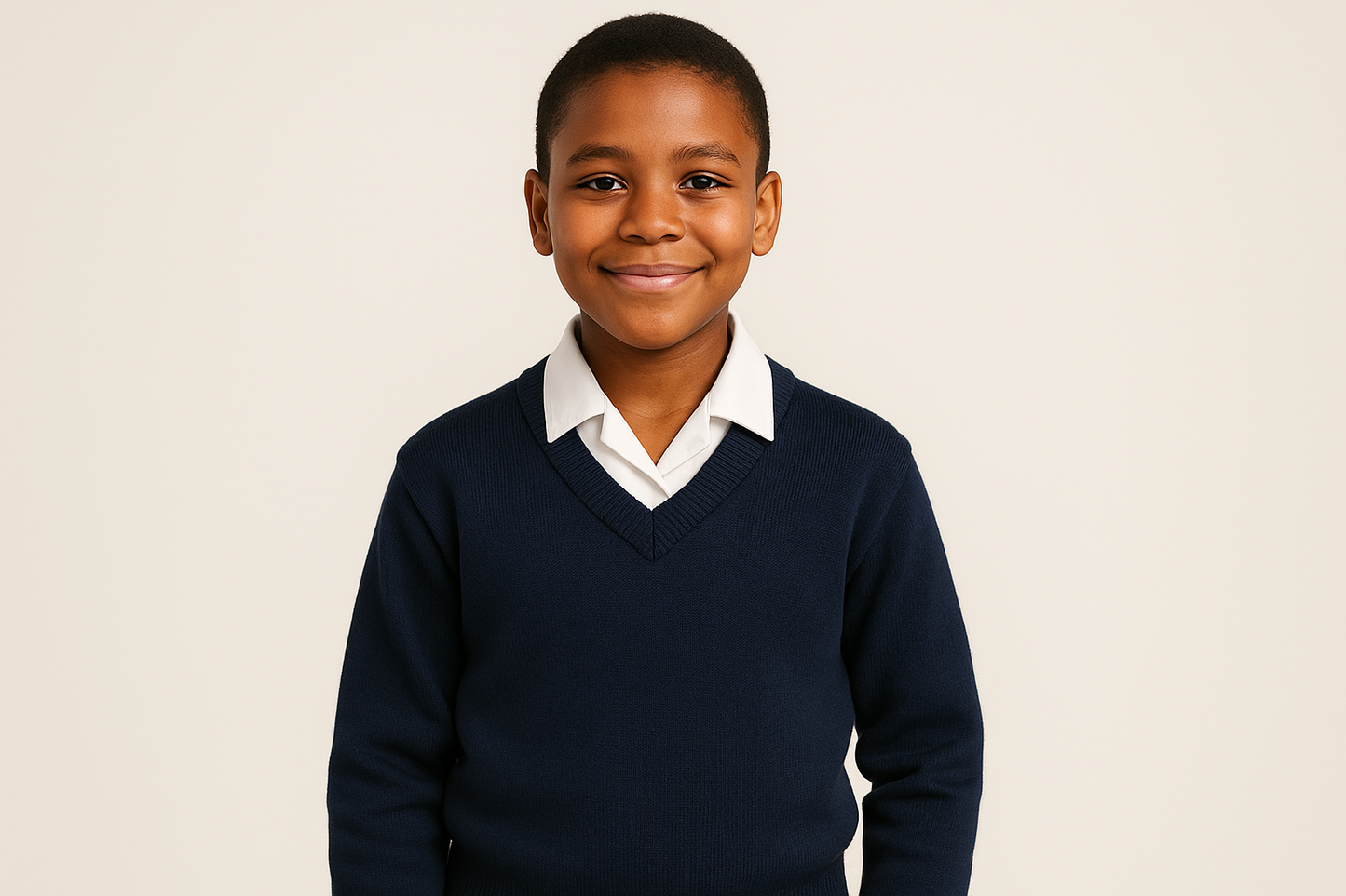 Young South African student in navy blue V-neck sweater with white shirt, size 22-28