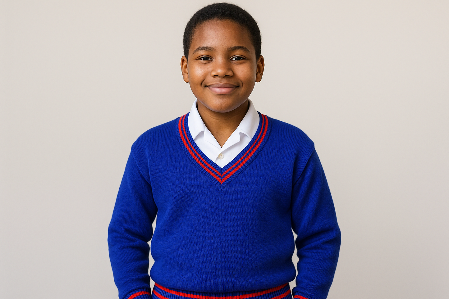 Young South African student in royal blue V-neck sweater with red trim details and white shirt, size 22-28