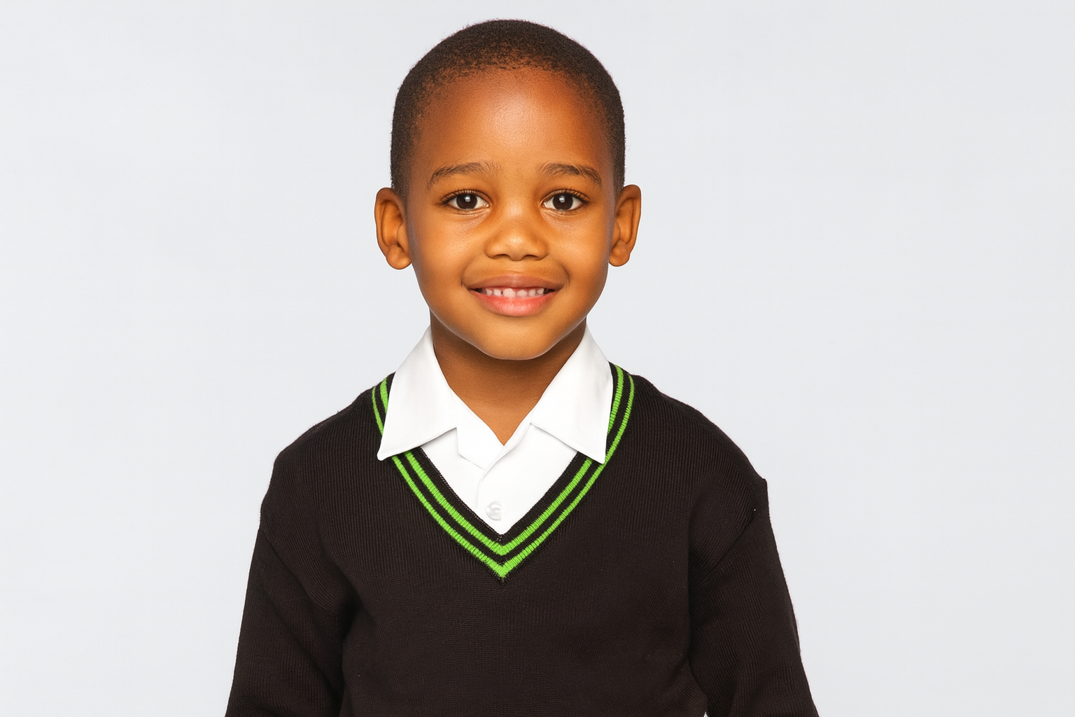 Young South African student wearing black sweater with consistent green trim