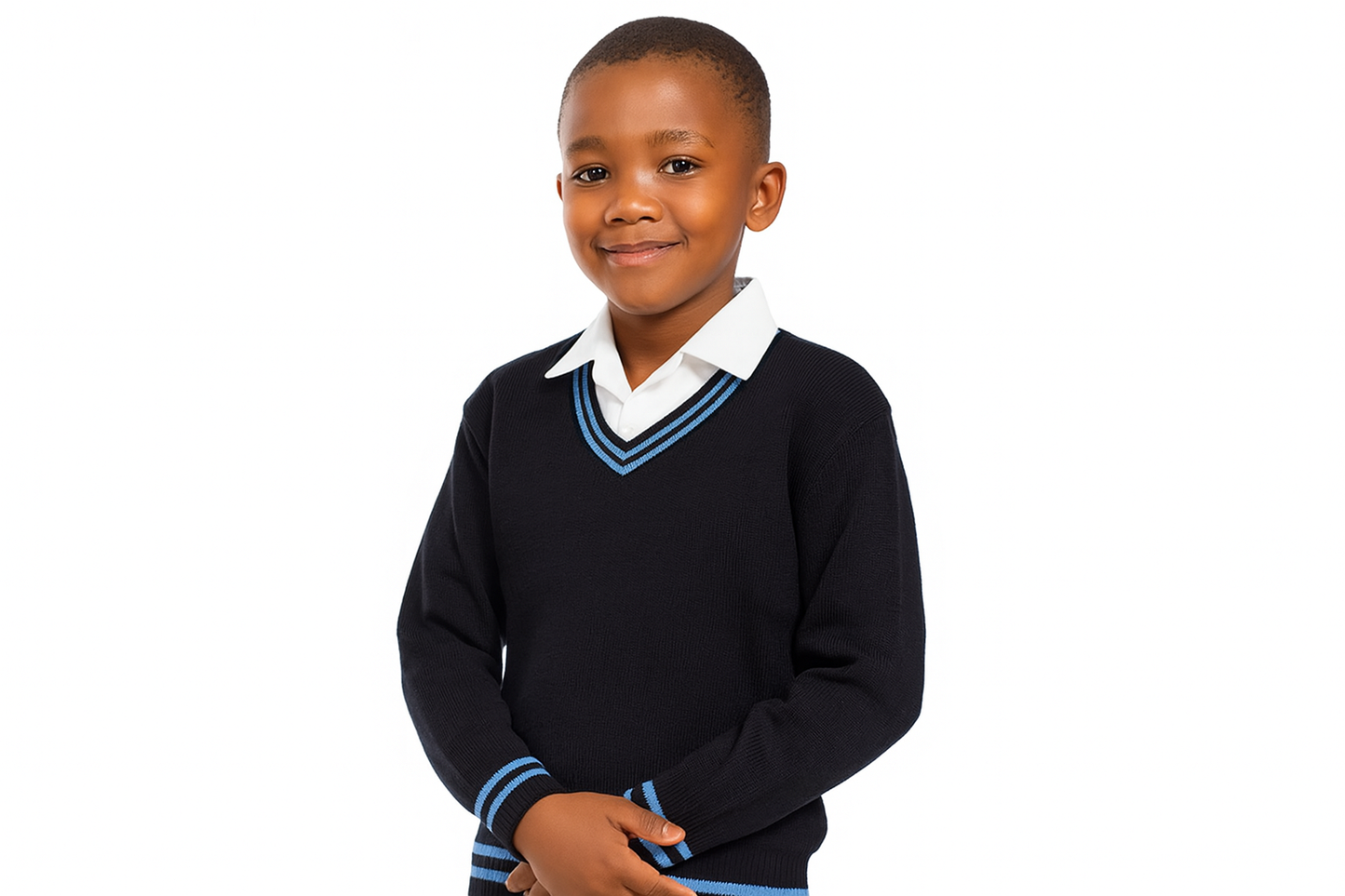 Young South African student wearing black sweater with sky blue trim