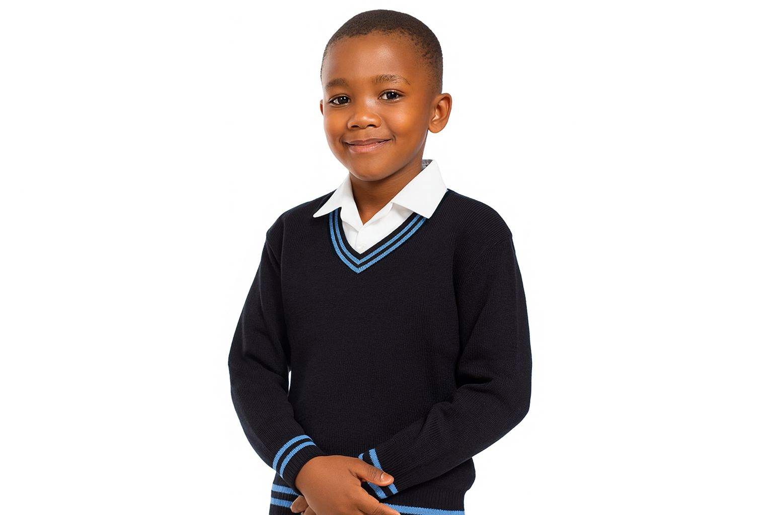 Young South African student wearing black sweater with sky blue trim