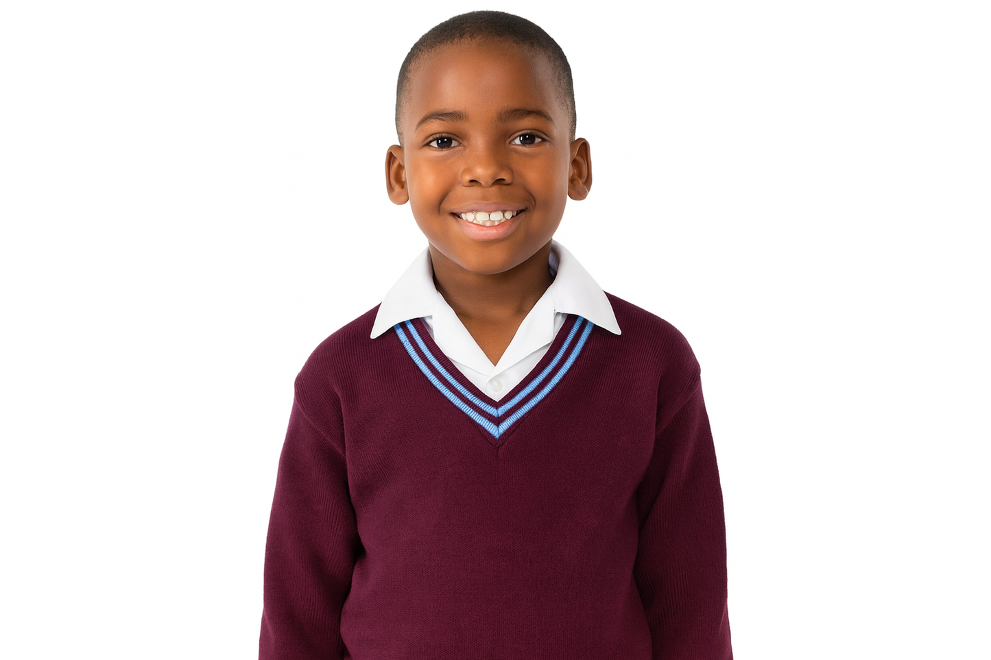 Young South African student wearing maroon sweater with sky blue trim