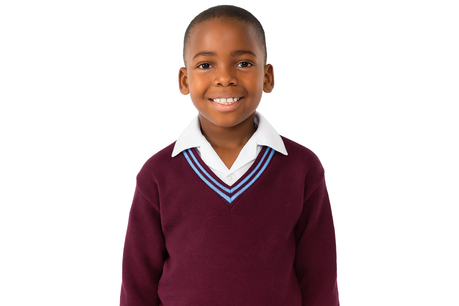 Young South African student wearing maroon sweater with sky blue trim