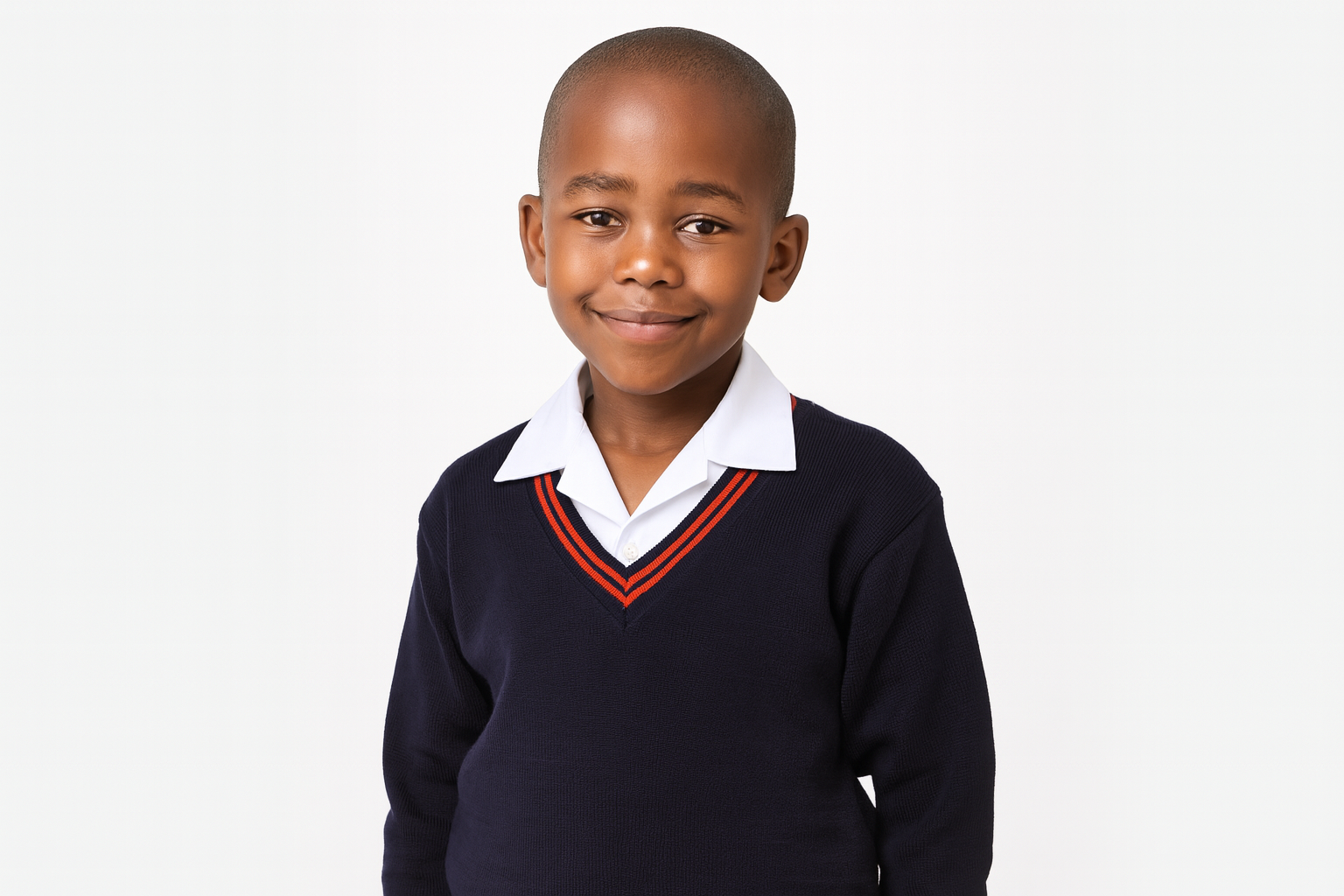 Young South African student wearing navy sweater with red trim