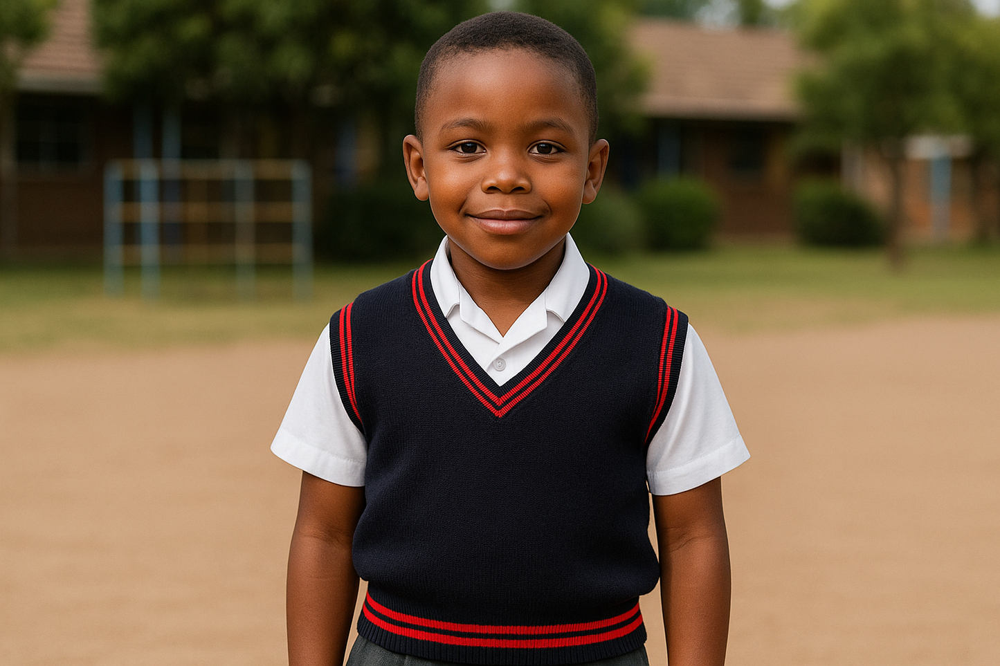 Young student size 22-28 wearing navy sweater with red trims