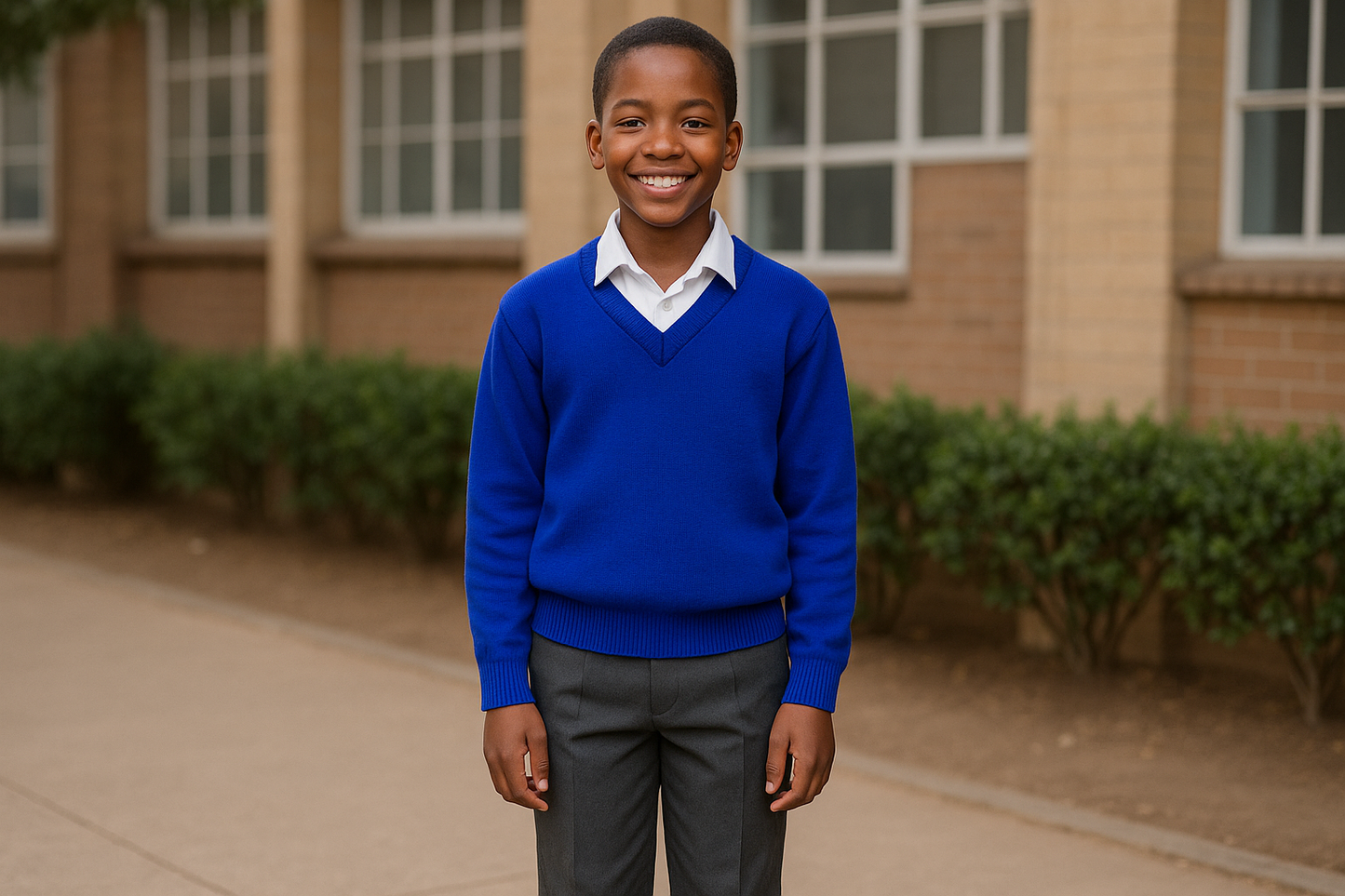 Young student (size 22-28) wearing the royal blue sweater